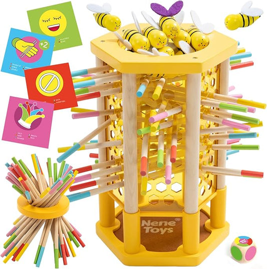 Nene Toys BeeFall Jumbo, 4-in-1 Wooden Honey Bee Toy for Kids Ages 3-9 - Educational Game with Wooden Honeybee Hive, 12 Bees, Colorful Sticks, Dice & Cards - Fun Family Game for Cognitive Development