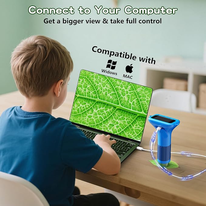 Odatay 1000X Digital Kids Microscope Kit with 12 Slides & 2" Screen, Blue | 1080P Imaging, Fit Ages 3-12, Standalone Pocket Science Edu Toys Gifts, Outdoor Backyard Bugs Exploring, Anti-drop Lanyard