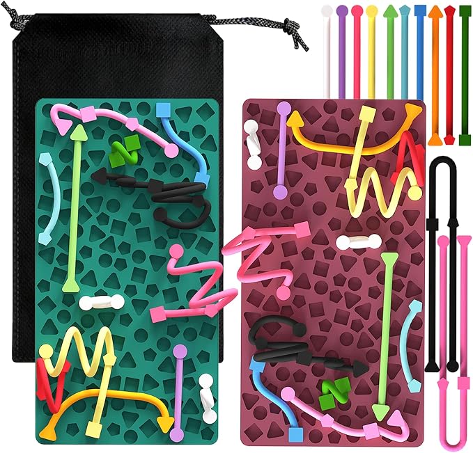 2PCS Sensory Activity Board, Silicone Fidget Toys for Calming and Stress | Autism Quiet for Adults, Toddler Sensory Toys for ADHD, Road Trip Essentials for Kids, Portable Travel Bag & 24 Strings