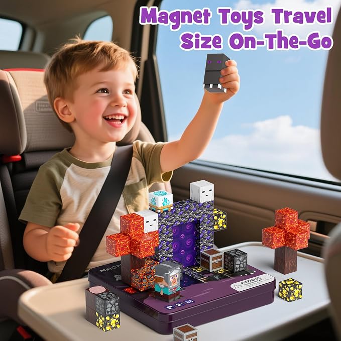 WMXDU Travel Magnetic Blocks Set: Bottle-Light Role Play for Boys 3-8 | Keeps Boys Quiet & Focused 45+ Min on Trips, Strong Magnets Hold 15 Cubes without Toppling, Iron Box