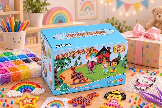Meland Fuse Beads Kit, 5MM 24000 Beads in 24 Colors,Craft Gift for Age 5-12 | Includes 6 pegboards and craft accessories for colorful patterns, keychains and screen-free creative projects