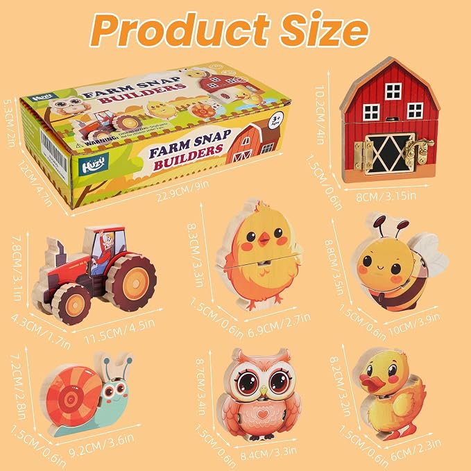 HUZU Farm Snap Wooden Blocks – Montessori Building Toy for Toddler Kids, Moving Wheels Tractor, Lockable Door Barn, Mix & Match Farm Animals Duck Bee Owl Chick Snail, Stocking Stuffers for Grandkids