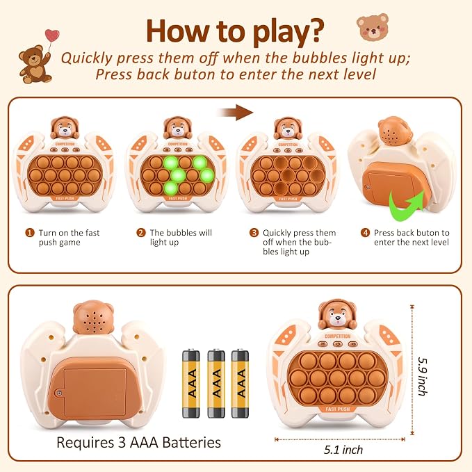 GAPER GO Fast Push Game Fidget Toys for Kids, Handheld Sensory Puzzle Game, Christmas Birthday Gifts for 3-12 Year Old Boys & Girls, Easter Basket Stuffers (Brown Bear)