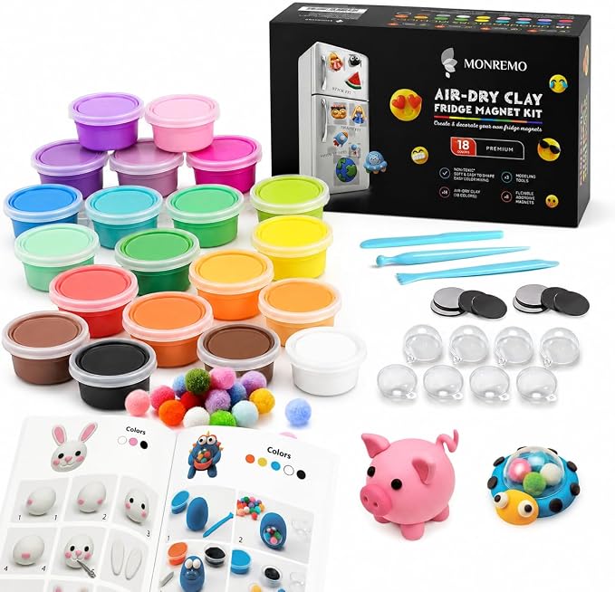Air Dry Clay Magnet Making Kit for Kids, 18 Colors DIY Fridge Magnets | 18 colors, 8 self-adhesive magnets, 3 sculpting tools, shaker domes, no baking, no extra glue, visual guide, ages 6+