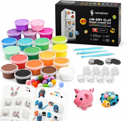 Air Dry Clay Magnet Making Kit for Kids, 18 Colors DIY Fridge Magnets | 18 colors, 8 self-adhesive magnets, 3 sculpting tools, shaker domes, no baking, no extra glue, visual guide, ages 6+