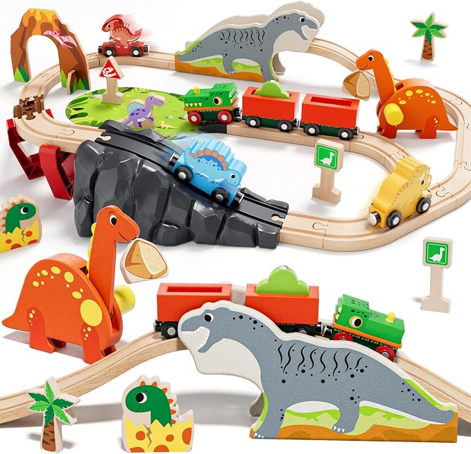 Lehoo Castle Dinosaur Wooden Train Set for Kids Ages 3-7 | Wooden Train Track Set with Dinosaur Crane, Compatible with Most Wooden Tracks, Birthday Gift for Boys and Girls