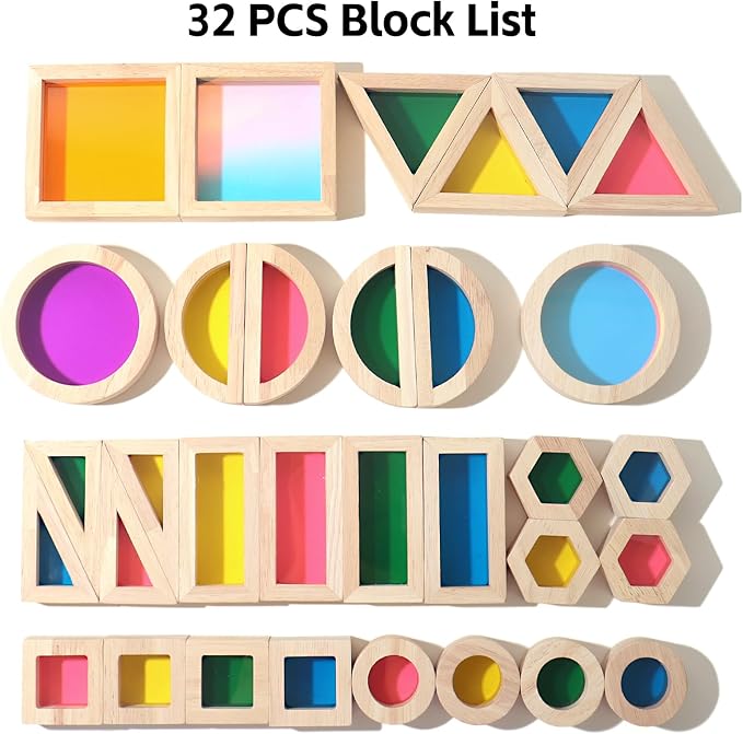 Dinhon 32-Piece Acrylic Rainbow Building Blocks Set for Kids - Colorful Stacking Blocks, Educational Toddler Puzzles, Preschool Learning Toys, Gifts for Ages 1 2 3 4 5 Boys and Girls