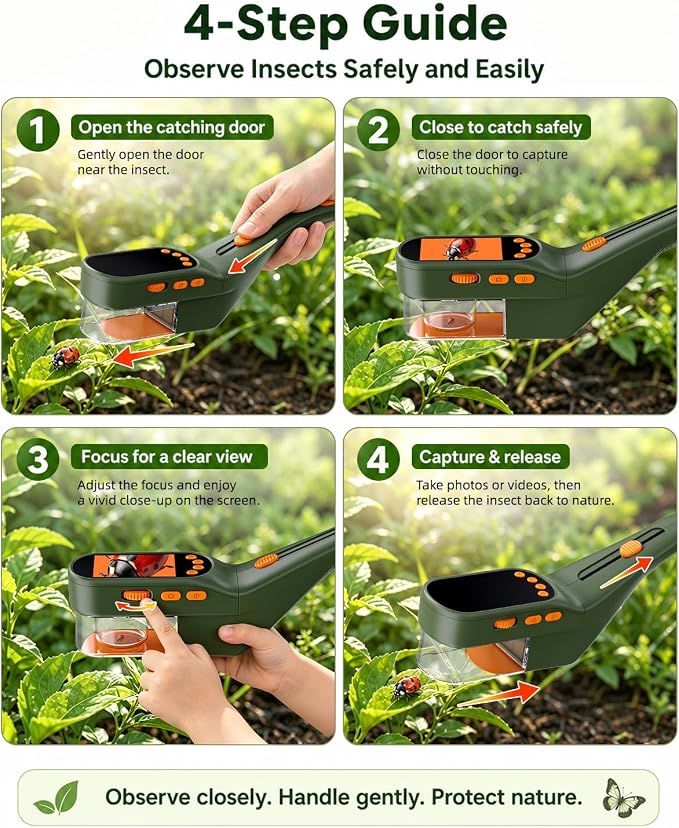 Ashfly Bug Catcher Kit for Kids, Handheld Microscope for Kids with Screen | No-touch catching with clear chamber, manual focus, photo/video and USB-C PC viewing for close-up insect observation