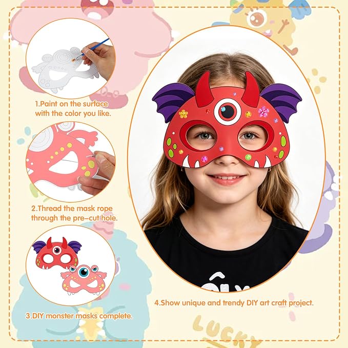 24 Pcs Monster Crafts for Kids DIY Coloring Masks School Activity | DIY Color Your Own Cartoon Monster Arts and Crafts for Masquerade Birthday Dress-Up Cosplay Party Favor Class Game Supply