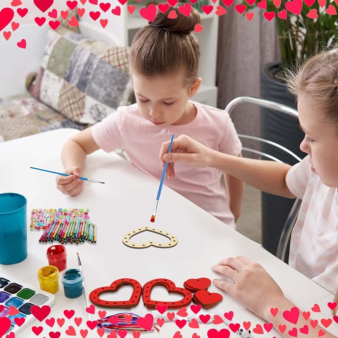 Fennoral 27 Pack Heart Wind Chime Kit for Kids Make You Own Red Heart Wind Chimes Mother's Day Wooden Ornaments for Kids Art and Craft Mothers Day Gifts Party Decoration
