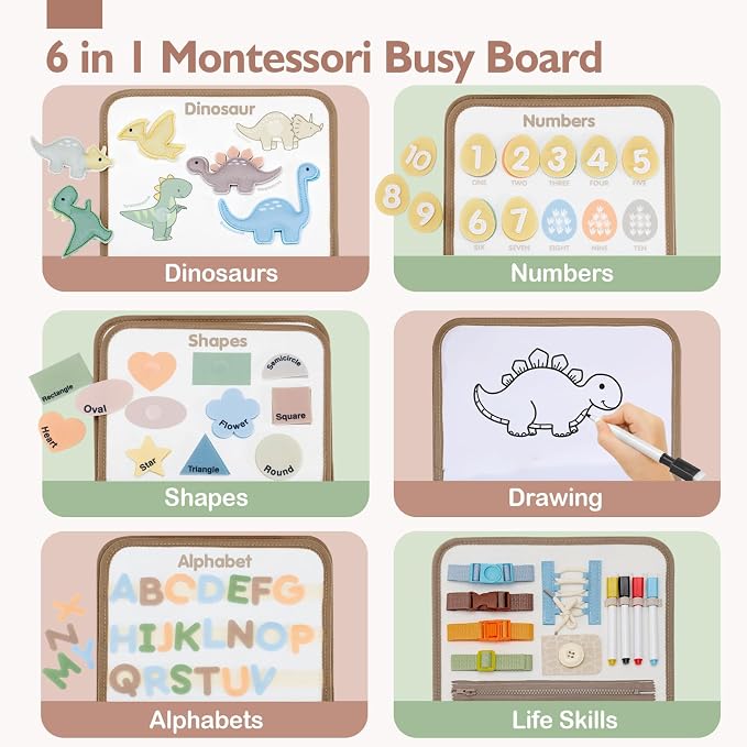 hahaland Montessori Busy Board for Toddlers Boy Travel Toys, Dinosaur | Toddler Portable Busy Book with Drawing, Alphabet, Number, Shape, Life Skills, Fine Motor Skill Toy, Birthday Gifts