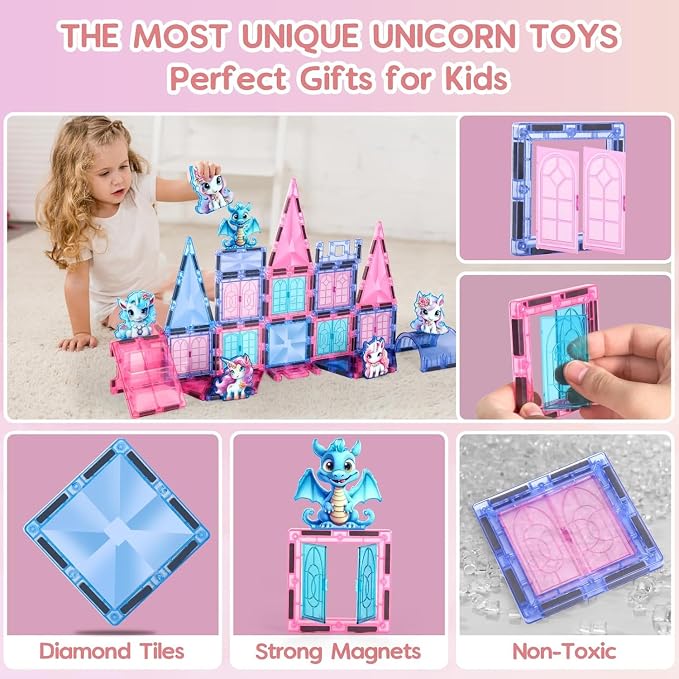 Unicorn Magnetic Tiles 49pcs – Magical Unicorn Toys for Girls Aged 4-8, Magnetic Building Blocks, STEM Construction Toy with 4 Unicorn Dolls and Dragon, Diamond 3D Educational Gift for Girls & Boys