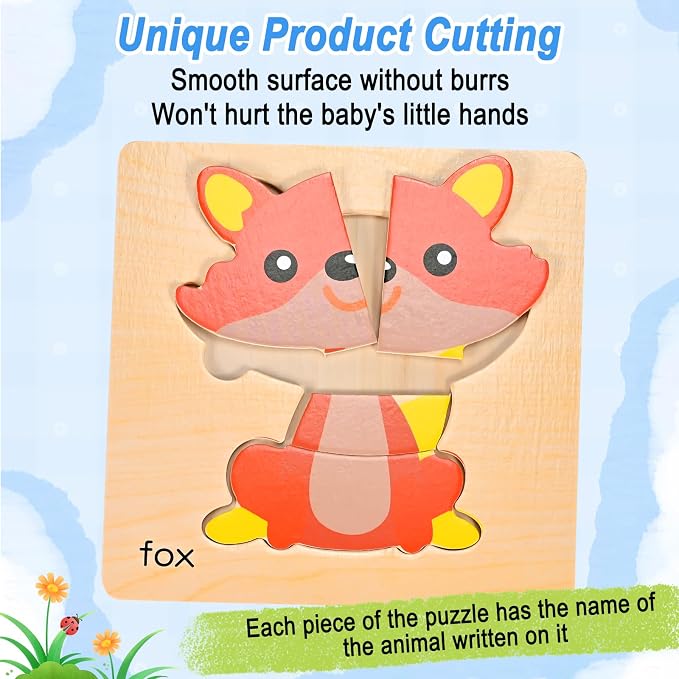 8pcs Wooden Puzzles for Toddlers 2 3 4, Toddler Puzzles Ages 1 2 3 4 | Montessori Educational Jigsaw Toys Puzzles Christmas Birthday Gift for Kids Girl Boy 1-4 Year Old (Zoo Animals)