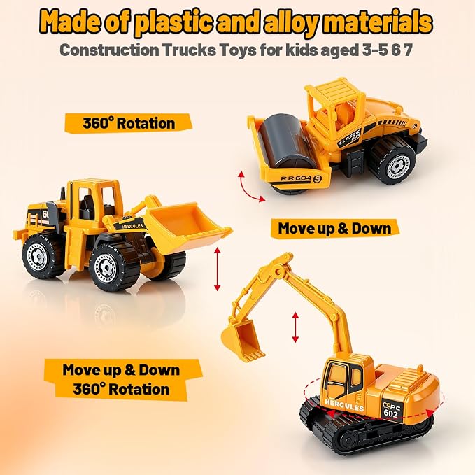 6 Pack Diecast Construction Toys, Mini Excavator Toy Alloy Construction Truck Model Set for Boys Age 3 4 5 6 7 Years Old, Kids Toddlers Birthday Gift & Party Favors