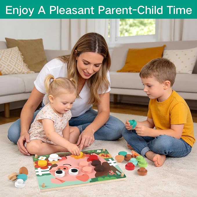 Button Art Toys for Toddlers, Mosaic Peg Board Toddler Color Matching Game | Wooden Puzzles for Toddlers 3-5, Color Matching Mosaic Pegboard with 30Button & 16Card Learning Resources Gift for Boys Girls