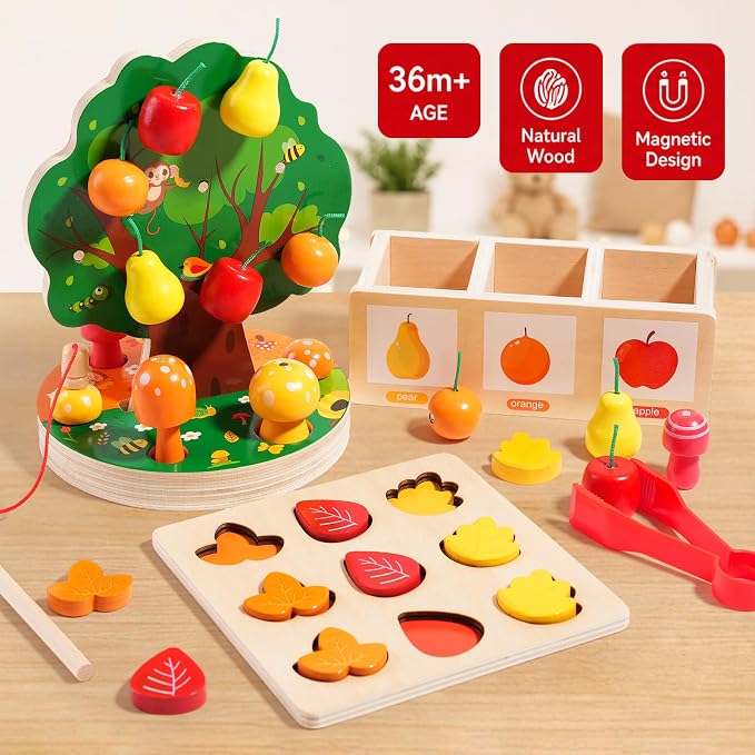 INIFEIDALA Montessori Toys for 3 4 5 6 Year Old - Fine Motor Skills Toy | Wooden Educational Toy for Toddlers,Magnetic Apple Picking Tree & Shape Sorter Puzzle,Hand-Eye Coordination-Color Recognition