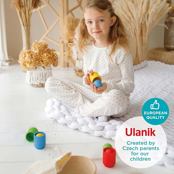 Ulanik Balls in Cups Starter Kit Montessori Toys for 1 Year Old | Open-ended wooden sorting set; 4 basic colors; bowl and bag for easy storage