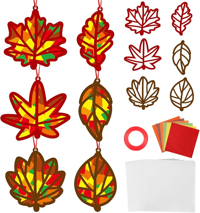 Qyeahkj 36 Set Fall Maple Leaves Suncatchers Crafts for DIY Autumn Window Tissue Paper Crafts Kit Thanksgiving Maple Hanging Decor for Fall Home Activity Art Project Birthday Party Favor Gift