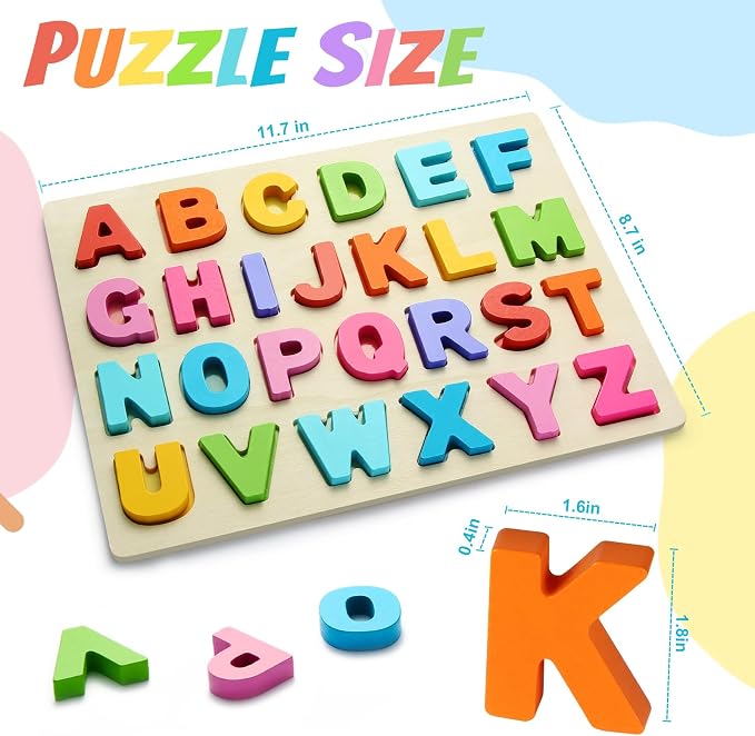 Wooden Alphabet Puzzles, ABC Learning Toys for Toddlers | Thick Easy-Grip Solid Wood Letters, Preschool Early Learning Activities, Montessori Birthday Gift for Girls & Boys