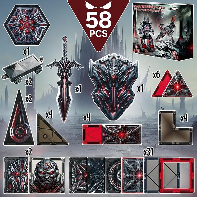 Little Pi Transformer Toys ShadowBots Magnetic Tiles,Transforming Robot Toy | Durable ABS plastic, STEM engineering, sword & shield, screen-free kids gift ages 3 4 5 6, builds vehicles bases towers scene