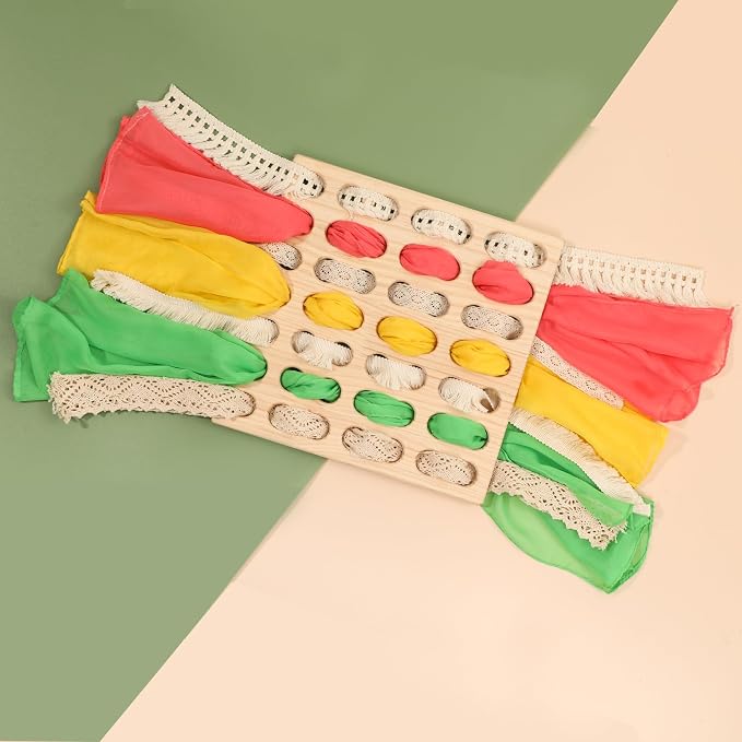 Eray Wooden Busy Board with Play Silks, Montessori Weaving Toy for Kids | Bus Fine Motor Skills Open Ended Toys Lacing and Weaving Toy Preschool Learning Activities