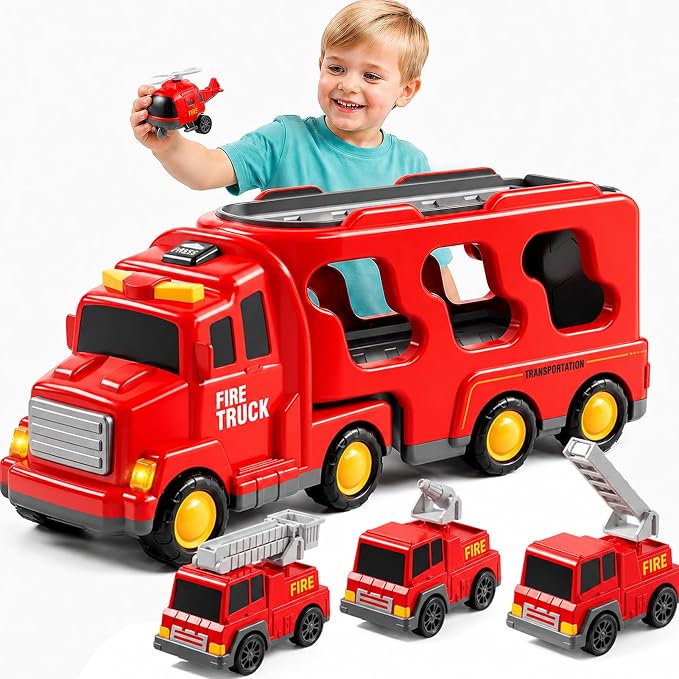 Bennol Fire Truck Toy Set for Kids Toddlers Ages 3-5: Fire Engine with Extendable Ladder & Helicopter | Friction Powered Toy Cars for Boys Girls Gifts1 2 3 4 5 Years Old