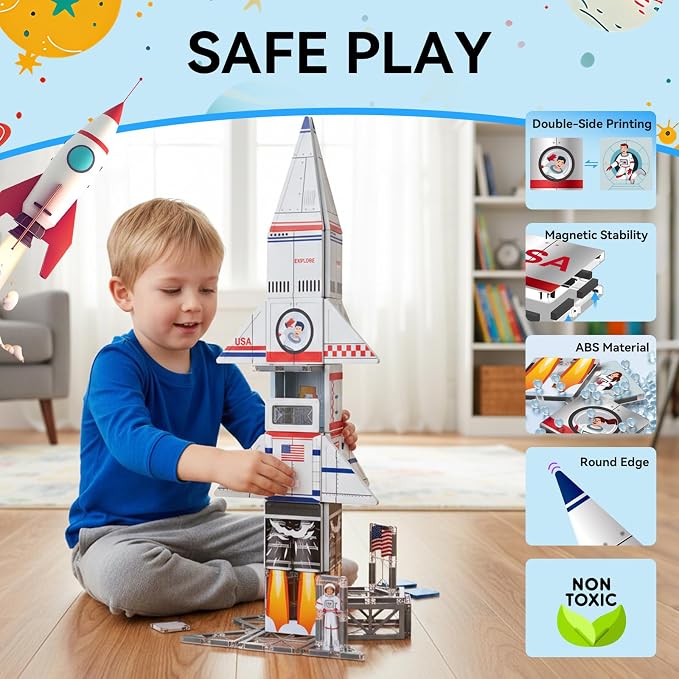 AFUNX Space Rocket Magnetic Tiles, Building Blocks STEM Toy for Kids 3+ | Rocket Themed Magnetic Blocks with Astronaut Designs,Smooth Edges, Compatible with Other Tiles, Gift for Kids