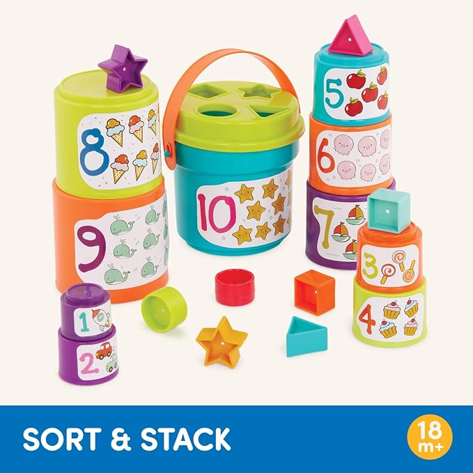 Battat Stacking Cups Shape Sorter, Sort & Stack Nesting Cups Set, Toddler | 19-piece toddler set with 10 nesting cups, 8 shapes, and shape sorter lid for stacking, sorting, water and sand, 18+ Months