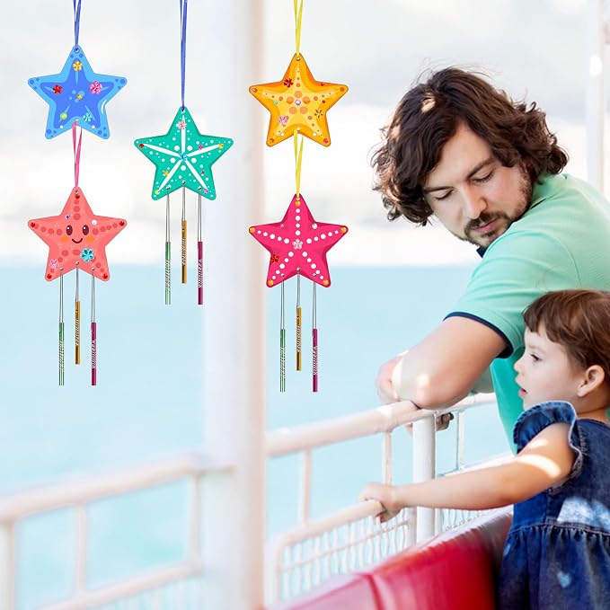Fennoral 9 Pack Star Wind Chime Kit for Kids Make Your Own Starfish Craft | Wind Chimes for Girls Boys Ornaments DIY Coloring for Summr Art Project Party Decoration Birthday Gift