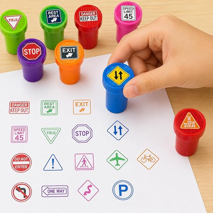 Cinrobiye 24 Pcs Traffic Sign Stampers Party Favor Set, Cute Road Safety Stamps for Kids Birthday Party, Classroom Rewards, Learning Activities, Goody Bag Fillers, Educational Party Supplies