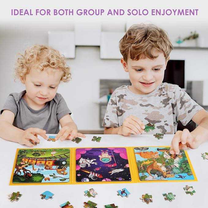 Magnetic Jigsaw Puzzles for Kids Ages 4-6, 36-Piece Preschooler Travel Toys Animals and Space Puzzles Ages 3-5, Educational Learning Magnets, Ideal Road Trip Activities Toys for 3 4 5 6 Boys and Girls