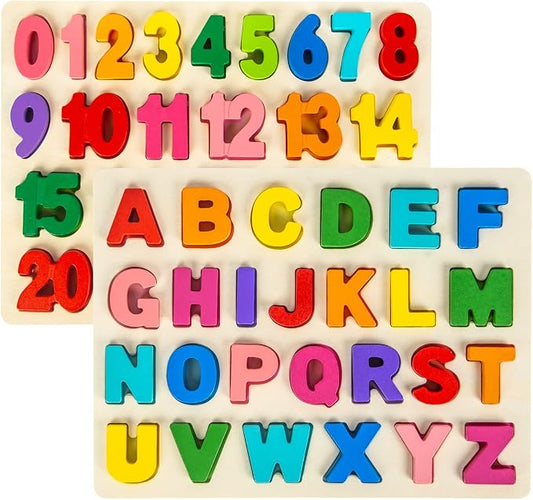 Attmu Wooden Puzzles for Toddlers, 2 Pcs Alphabet ABC Shape Number Puzzle | Learning Toys for Kids Preschool Educational Activities Toddler Gift Toys for Girls Boys Christmas Valentines Easter