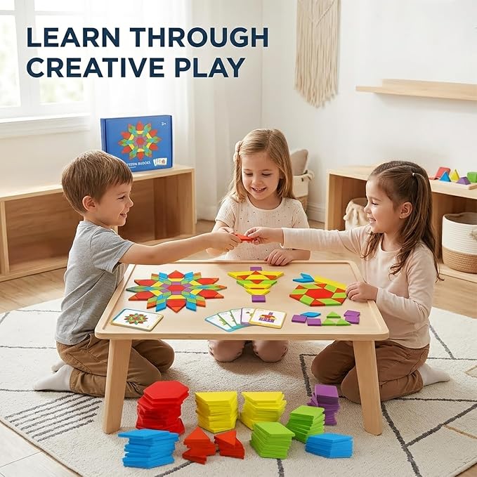 155 Pcs Wooden Pattern Blocks Set - Geometric Shape Puzzle for Kindergarten - Classic Educational Montessori Tangram Toys with 24 Design Cards for Kids Ages 3-8