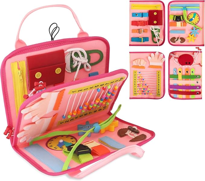Montessori Busy Book for Toddlers, Pink Busy Board Book. Ages 3+ | Toddler Activity Books for Home, Airplane and Car Travel. Soft Felt No Loose Pieces. Toddler Busy Books With Detachable Pages