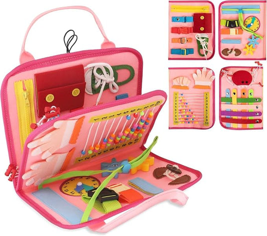 Montessori Busy Book for Toddlers, Pink Busy Board Book. Ages 3+ | Toddler Activity Books for Home, Airplane and Car Travel. Soft Felt No Loose Pieces. Toddler Busy Books With Detachable Pages