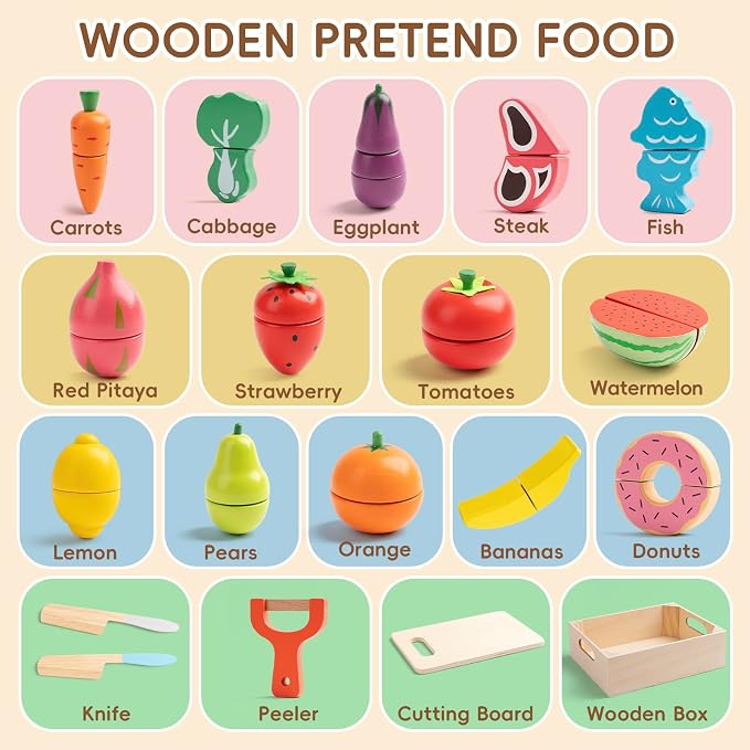 34Pcs Wooden Play Food for Toddlers - Toy Food with Velcro Fruit & Veggies | Play Food Sets for Kids Kitchen Accessories with Basket Chopping Board, Cutting Fruit Set for Ages 3+