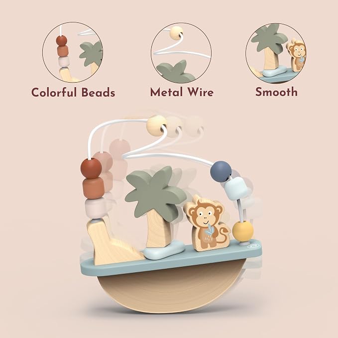 Rocking Beads Maze – Soft Colored Wooden Monkey Bead Maze, Gently Rocks and Twists, 7 Beads for Dexterity and Coordination, Non-Toxic Paint, Ideal for Kids 1-3 Years, Educational Toy | 7 beads, monkey rocker frame, baby bead maze, dexterity sensory pla...