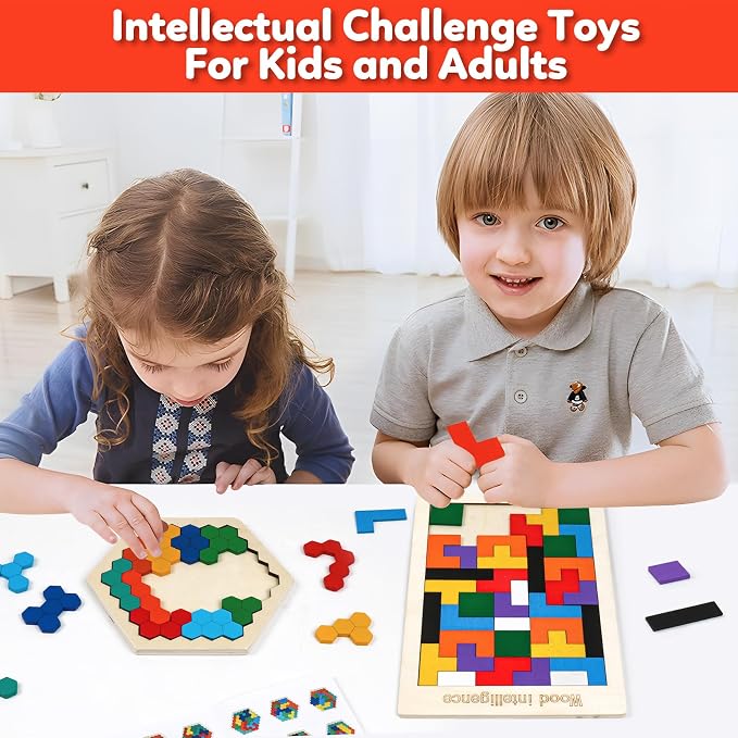 Wooden Puzzles,Geometric Shape Logic Hexagon Puzzle Toys Brain Teasers STEM Montessori Educatioanl IQ Board Games Easter Basket Stuffers Gift for Kids Boys Girls Ages 3+ (4 Pack)