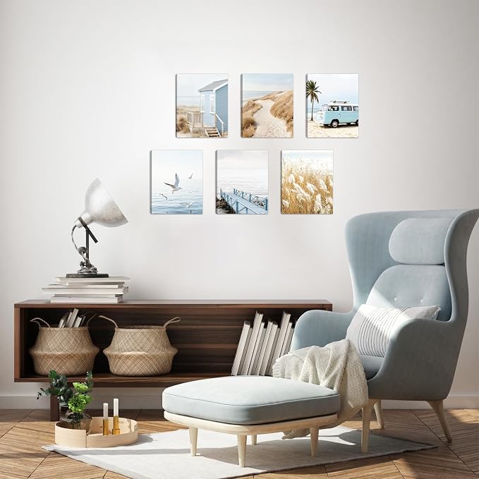 HOURIA Framed Beach Coastal Canvas Wall Art,(Set of 6,8”x10”) Neutral Beach Pampas Grass Seascape Wall Art, Blue Beach House Decor, Seagulls Van Summer Tropical Beachy Decorations