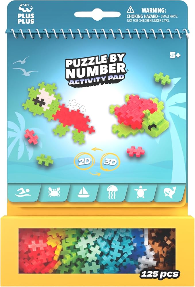 Plus Plus Puzzle By Number Activity Pad, Ocean - Mini Building Blocks Set | Roadtrip Essentials for Kids, Interlocking Waffle Blocks, Stem Toy, Airplane Activities for Kids, Kid Car Ride Must Haves