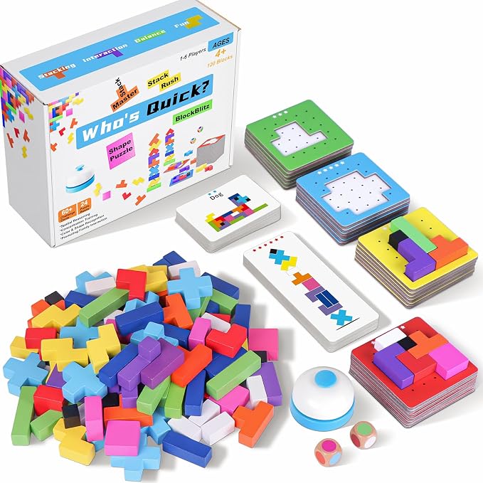 Wooden Block Stacking Games 120Pcs, 1-6 Players, Ages 4+ | 4 More Ways to Play Fast-Paced Building Block Game for Party Game Night, Classroom Challenging Board Games for kids (Blue)