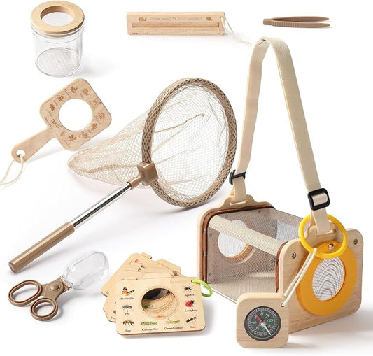 Wooden Bug Catcher Kit for Kids 3-8, 10PCS Durable Outdoor Explorer Kit with Magnifying Glass, Butterfly Net & STEM Guide, Catch & Release Adventure Set for Backyard & Camping