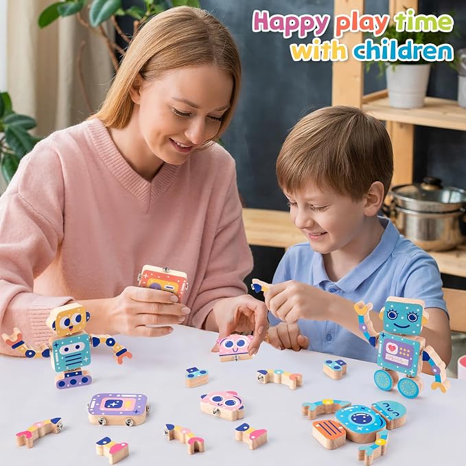 KODATEK Wooden Snap-Together Building Toys, Take Apart Robot Toys Playset | STEM Building Blocks, Fine Motor Skill, Montessori Educational Learning Toys for Boys & Girls Gift