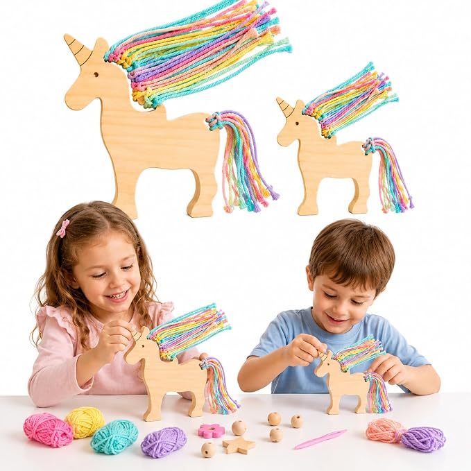 Eray Montessori Wooden Unicorn Lacing Toy for Kids – Safe Non-Toxic DIY Threading Activity with Colorful Cotton Yarn, Fine Motor Skills & Creative Play for Toddlers and Preschoolers