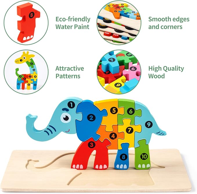 9 Pack Wooden Puzzles for Kids Ages 3-5, Montessori Animal Puzzles | 90 Pieces, CPC certified, with Numbers 1-10, Chunky Jigsaw Puzzles in Gift Box, Educational Learning Toys, Boys Girls Gift