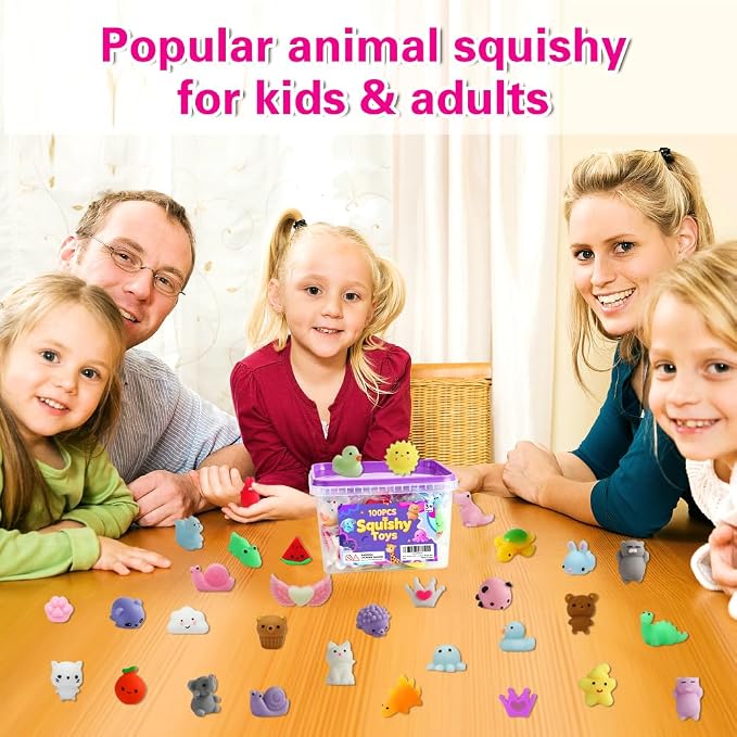 100 Pcs Mochi Squishy Toys, Animal/Fruit Squishies Party Favors for Kids | Soft and Cute Sensory Toys, Pinch Stretch Fidget Toys, Pinata Gifts Goodie Bag Stuffers,Treasure Box Toys Classroom Prizes