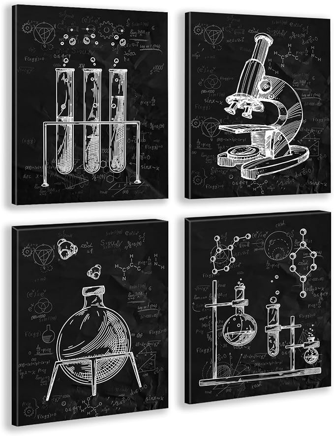 Chemistry Wall Art Black and White Science Exploration Decor 10x8Inch | Science Classroom Art Pictures for Lab Kids Playroom Bedroom Classroom Bulletin Board Decor, Set of 4 Framed