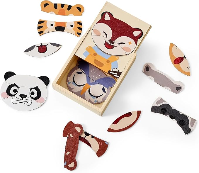 Emotion Animals Wooden Puzzle for Ages 3+, Mix-and-Match Animal Faces with Storage Box, Montessori Toy for Fine-Motor & Storytelling, Birthday