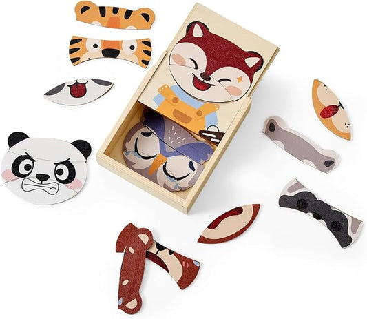 Emotion Animals Wooden Puzzle for Ages 3+, Mix-and-Match Animal Faces with Storage Box, Montessori Toy for Fine-Motor & Storytelling, Birthday