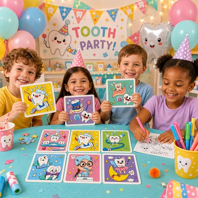 Cinrobiye 24 Pack Dental Coloring Activity Coloring Puzzle Set,Tooth Fairy Lost Tooth Puzzle Games with 12 Designs, Classroom Rewards, School Event Prizes, Dental Party Favors